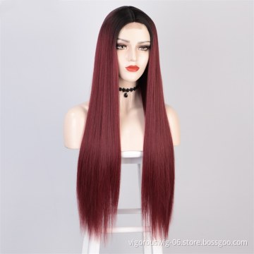 Vigorous High Temperature Ombre Red Lace Middle Part Wigs Long Silky Straight Wigs For White Women Wholesale